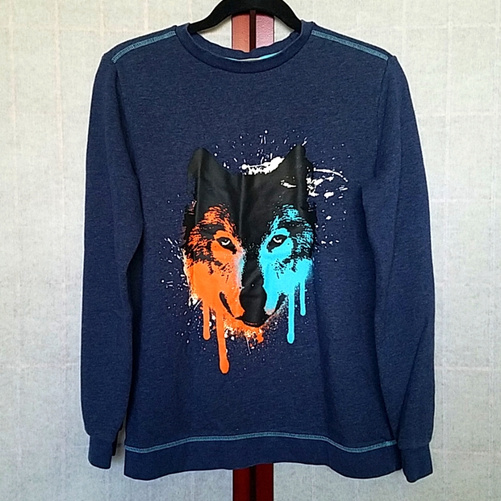 Cat & Jack Blue/orange wolf graphic sweater. Kid's size XL (16).